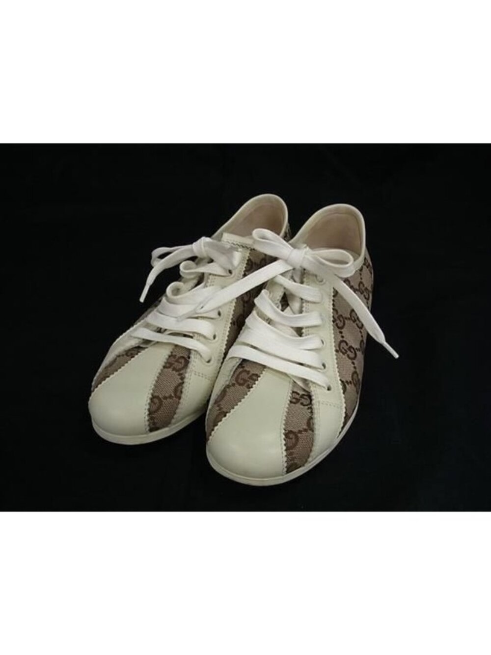 Gucci GG Pattern Canvas Leather Sneakers Shoes Beige Ivory